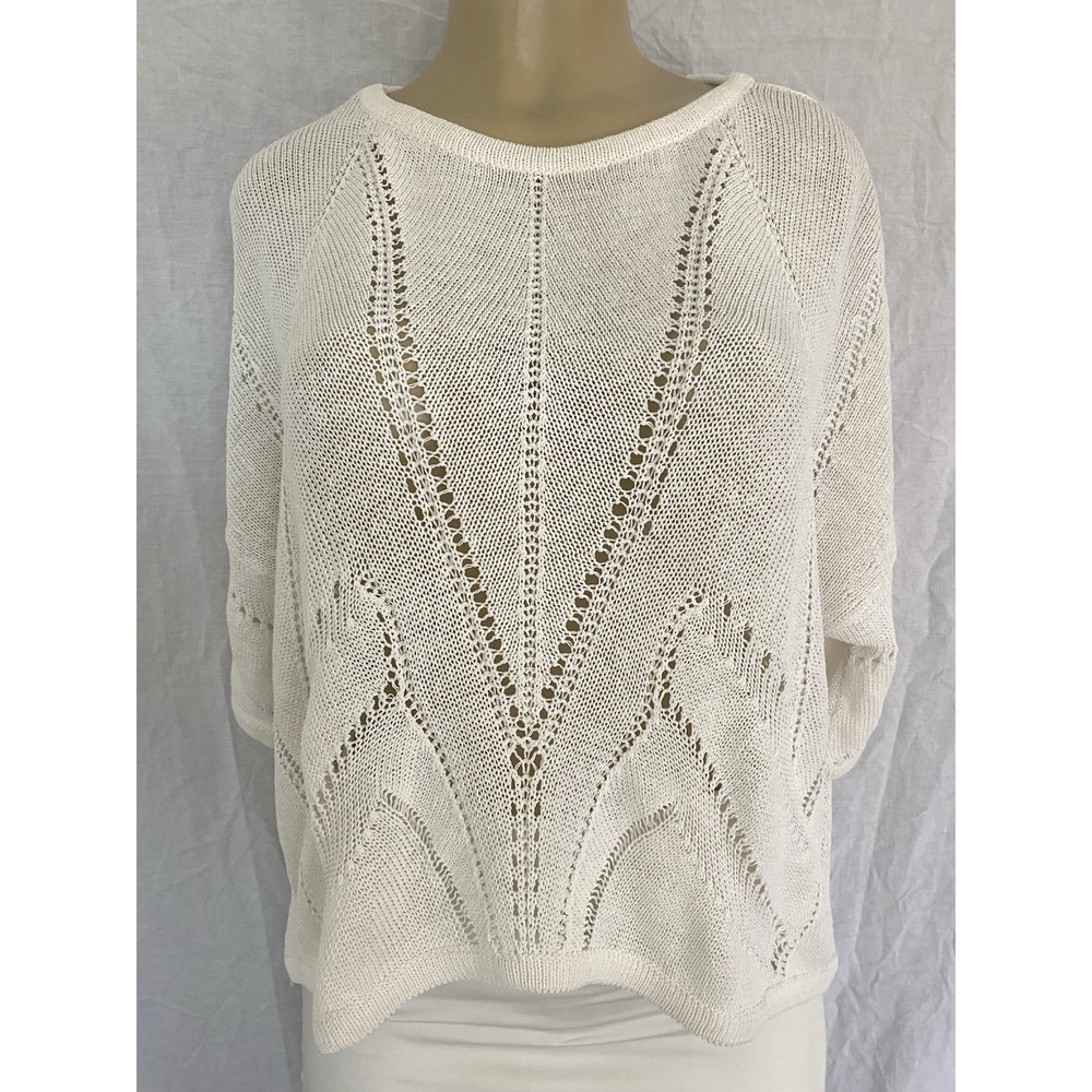 HELMUT LANG Fractured Lace Short Drop Sleeve Linen Sweater Top Blouse White M - Picture 3 of 10